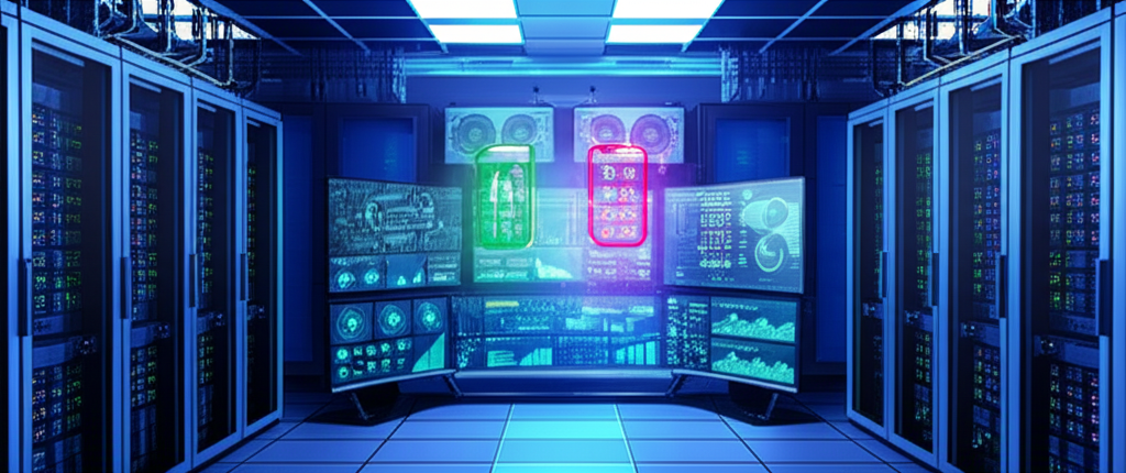 Futuristic data center with holographic displays and monitoring systems